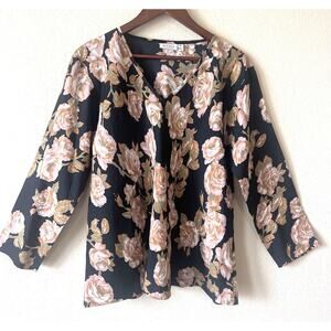 Masai Floral Tunic Blouse XL Boho Minimalist Viscose Black Pink Rose Print Top